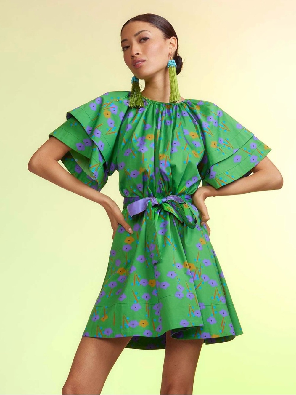 Cynthia Rowley Green Floral Flutter-Sleeve Dress